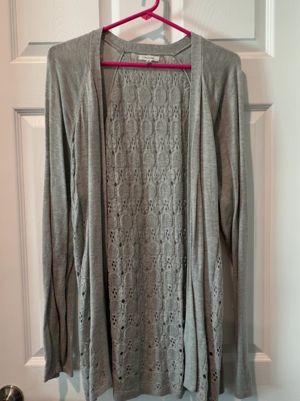 Maurices Light Gray Open-Front Cardigan with Lace Knit Back